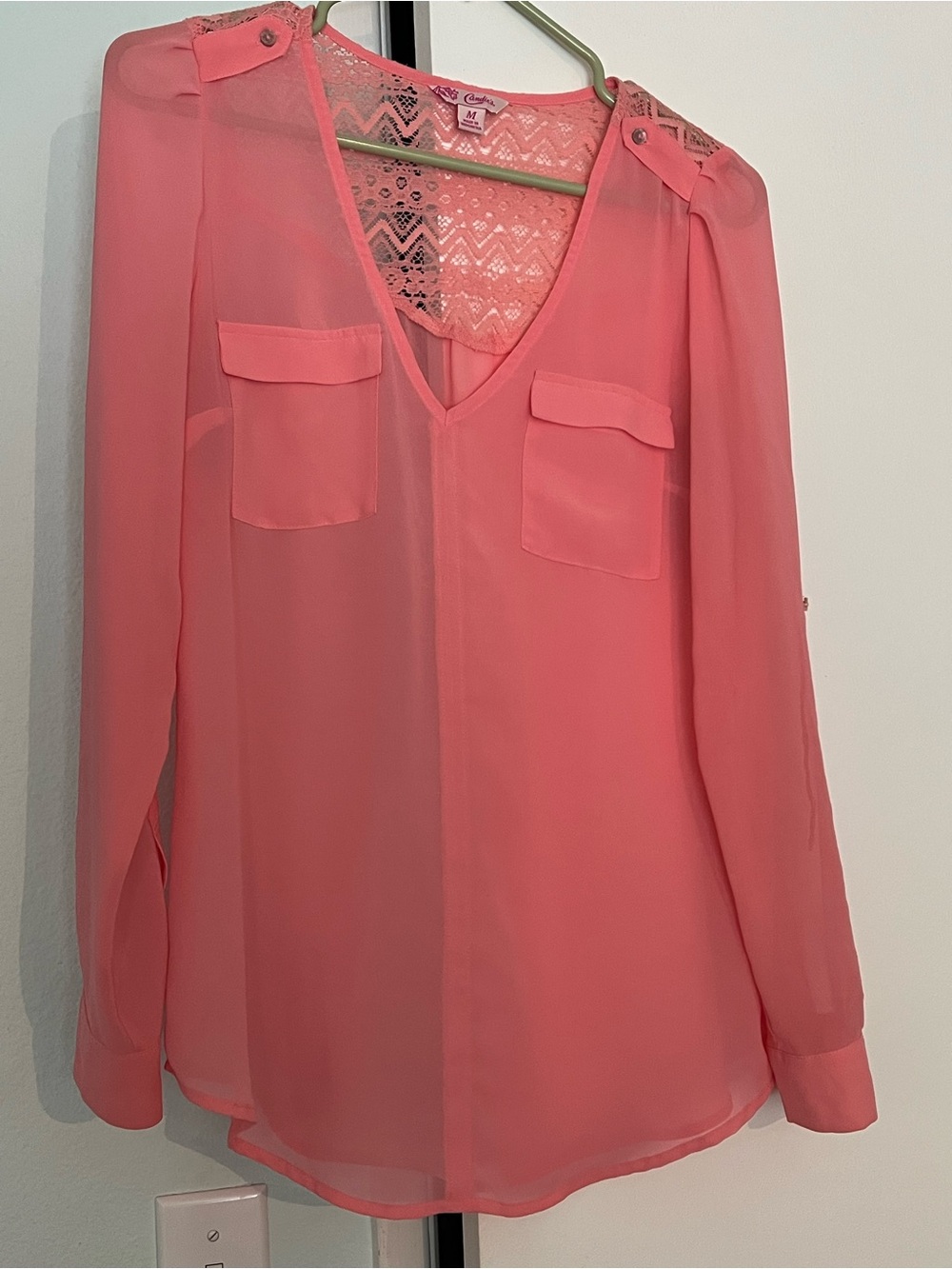 Candie's Coral Lace-Back V-Neck Sheer Blouse